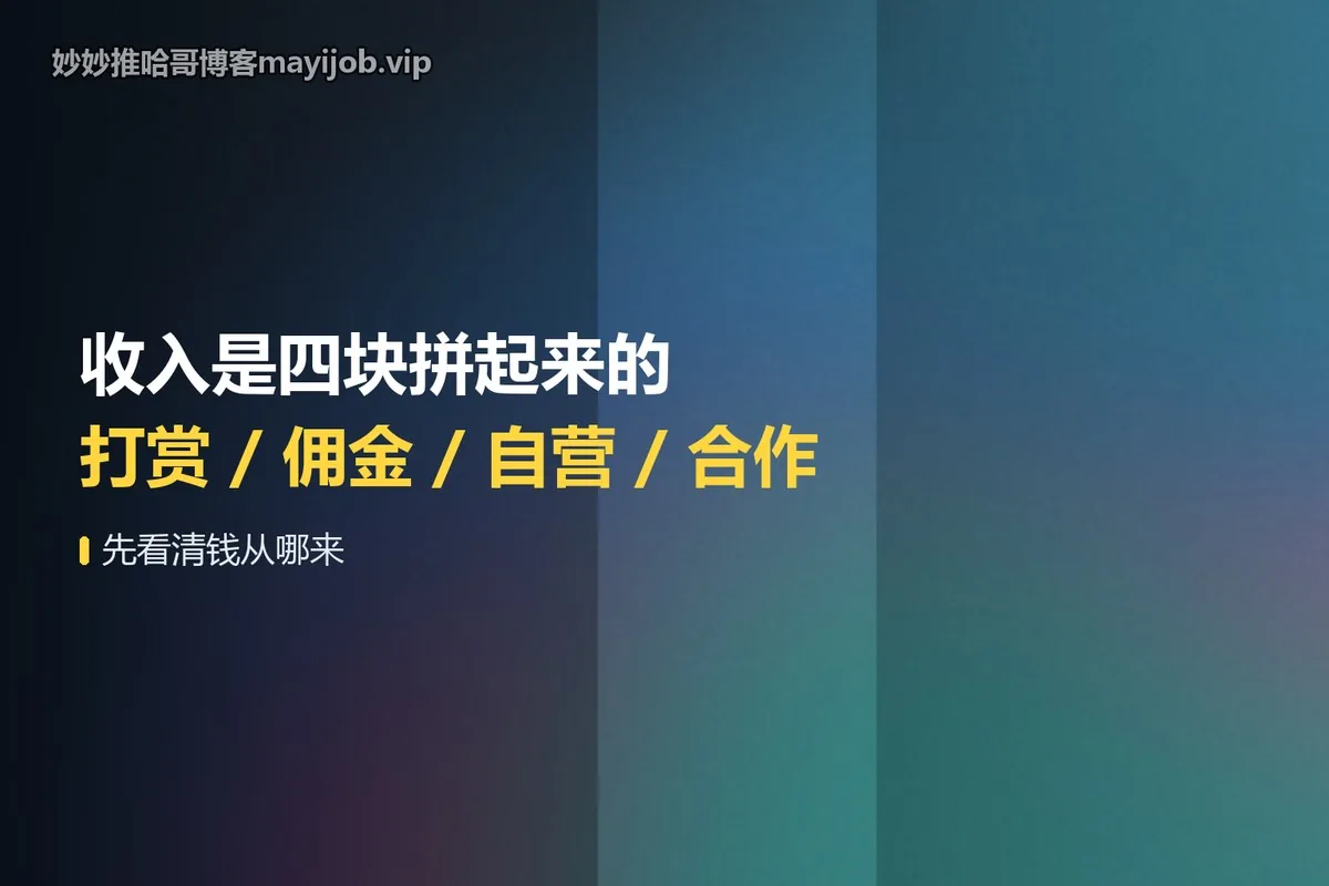 收入是四块拼起来的：打赏 / 佣金 / 自营 / 合作